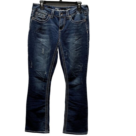 Seven7 Slimboot Jeans Womens 8 Distressed Whisker Front Thick Stitch Embroidered - Picture 1 of 13